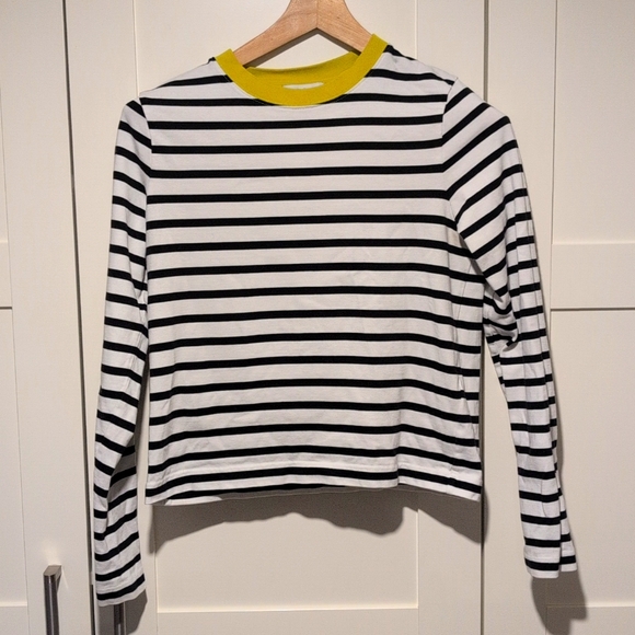 COS Tops - COS White & Black Stripe Long Sleeve Tee with Yellow Neck